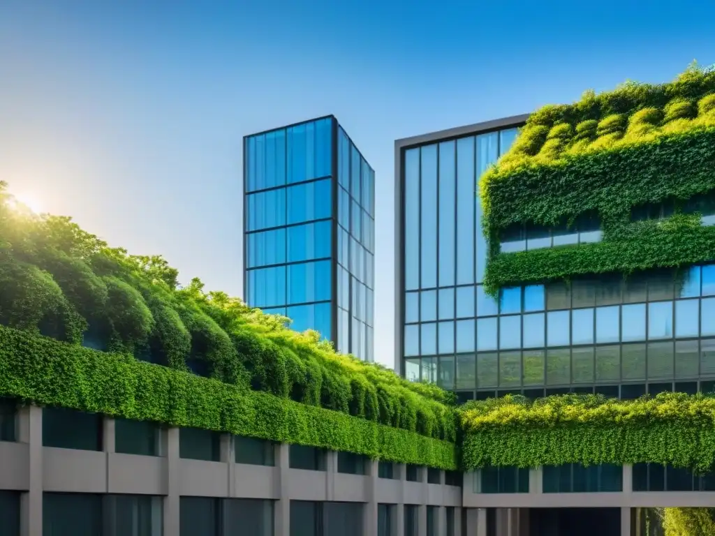 Edificio moderno: transparencia en inversión inmobiliaria Un edificio de oficinas moderno con ventanales de piso a techo reflejando un cielo azul, rodeado de exuberante vegetación y una bulliciosa ciudad al fondo