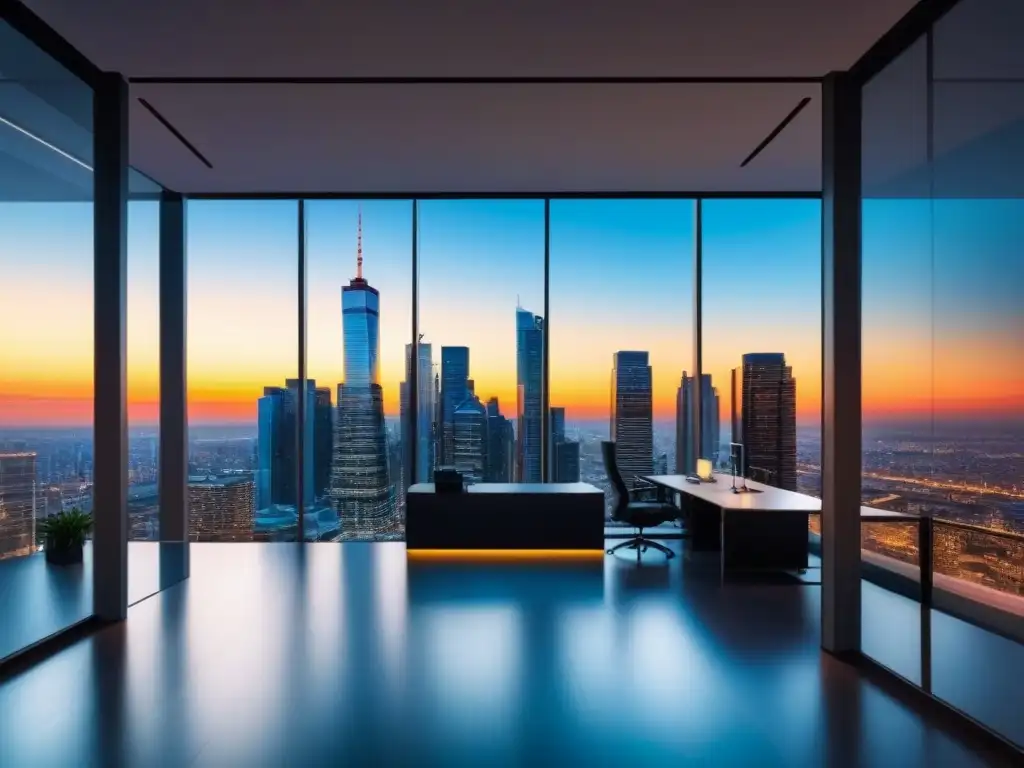 Edificio de oficinas moderno en la ciudad al atardecer Un edificio de oficinas moderno con ventanas de cristal de piso a techo reflejando un paisaje urbano vibrante al atardecer, con rascacielos iluminados en segundo plano, simbolizando éxito y seguridad para una propiedad comercial en el mercado internacional de seguros