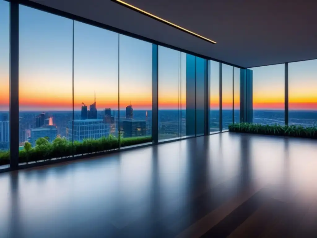 Edificio de oficinas moderno con ventanas de piso a techo reflejando el horizonte urbano al atardecer, certificación Passive House para inversionistas