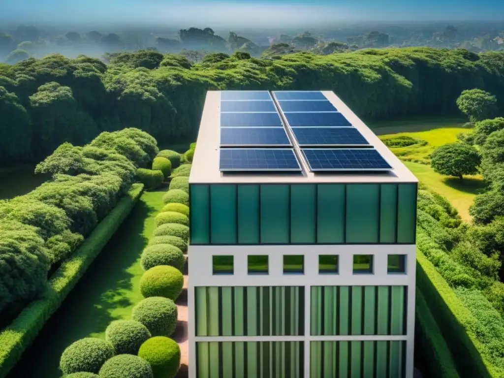 Edificio moderno eco-friendly en armonía con la naturaleza Un edificio de oficinas vanguardista con certificaciones LEED y BREEAM internacionales, rodeado de vegetación y paneles solares