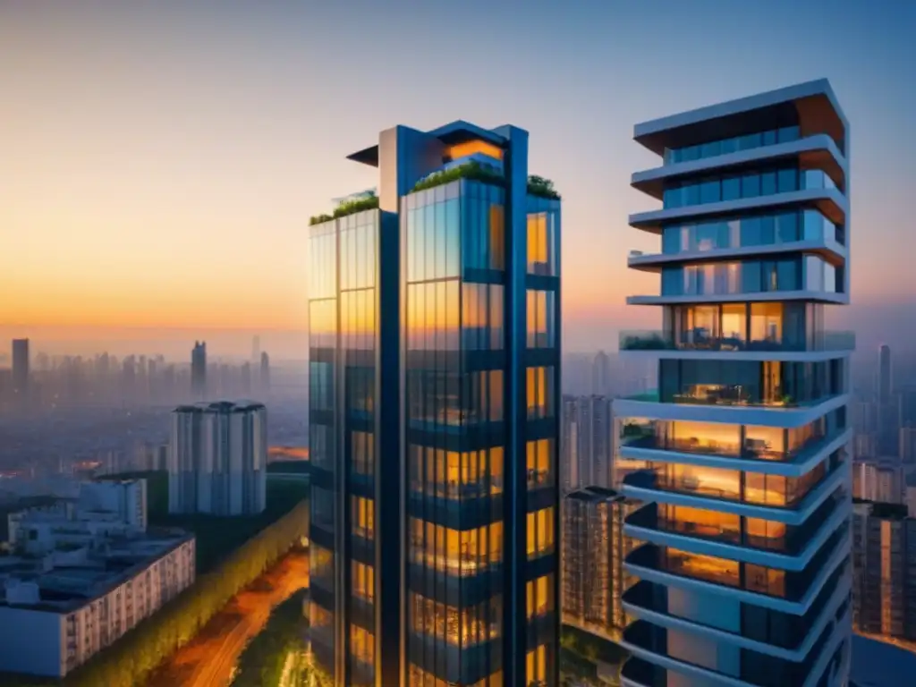 Edificio residencial futurista en ciudad internacional al atardecer Edificio residencial futurista en ciudad internacional, con diseño innovador y balcones verdes