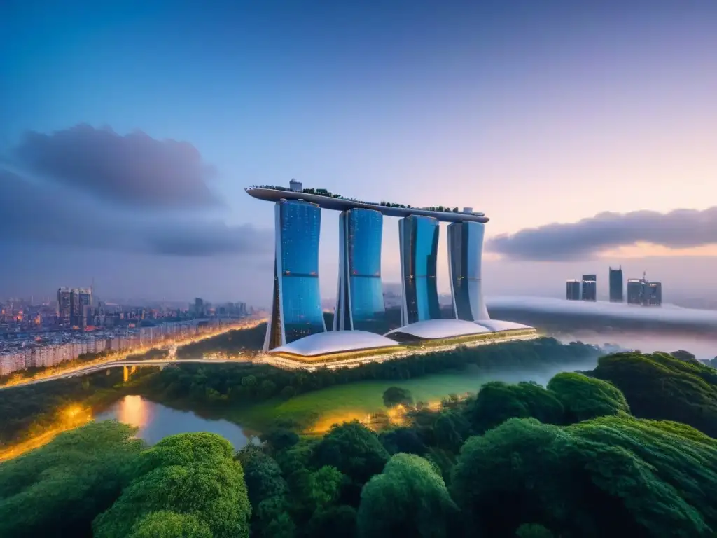 Edificio futurista en la ciudad: luces urbanas y naturaleza Un edificio residencial futurista se alza en una ciudad bulliciosa al anochecer, mostrando innovaciones en diseño residencial global