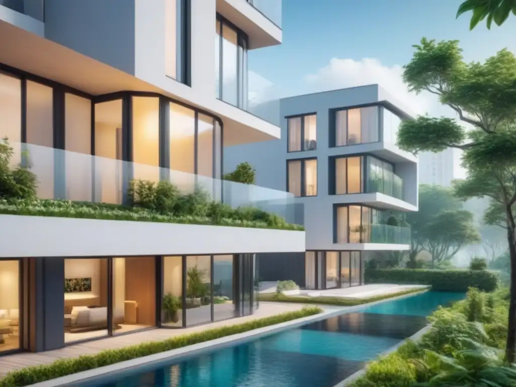 Edificio residencial futurista con diseño sostenible y espacios verdes integrados Edificio residencial futurista con diseño sostenible y espacios verdes integrados, paneles solares y abundante luz natural