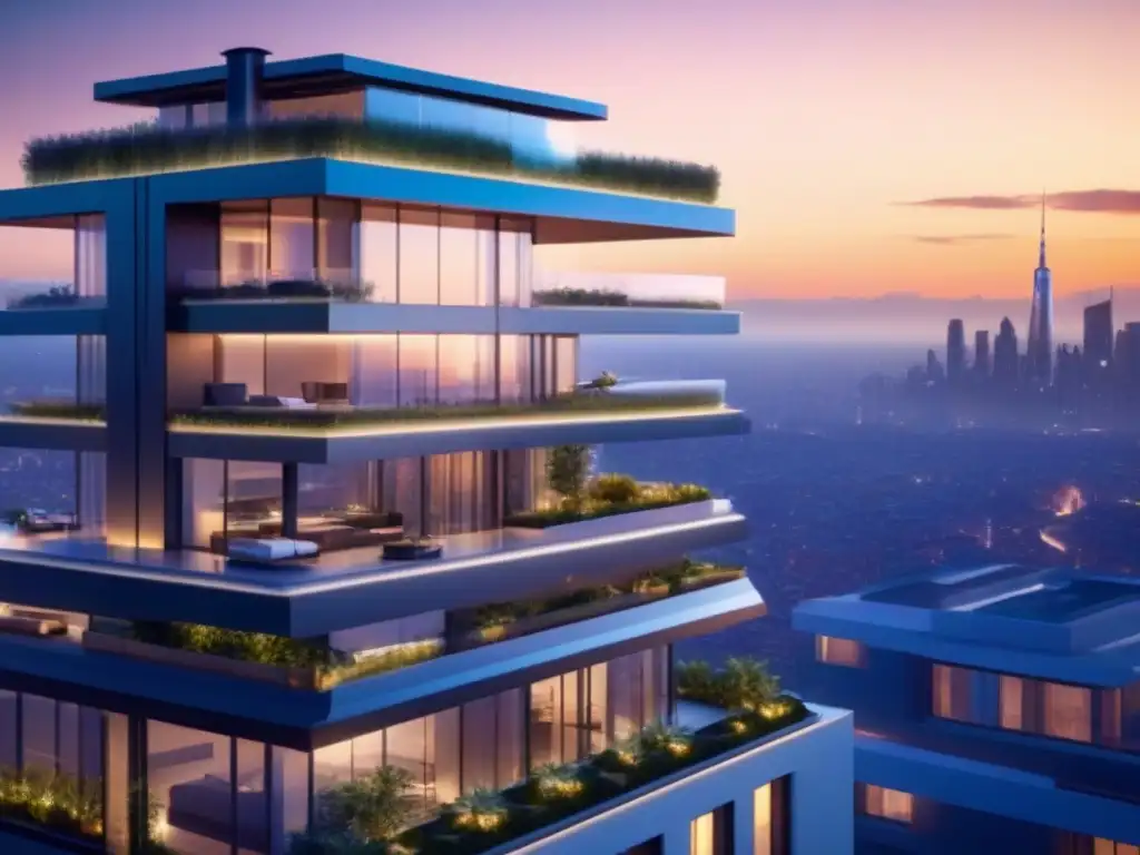 Edificio residencial futurista: diseño innovador en ciudad tecnológica Edificio residencial futurista con diseño innovador y tecnología integrada, destacando la tendencia de diseño residencial futurista