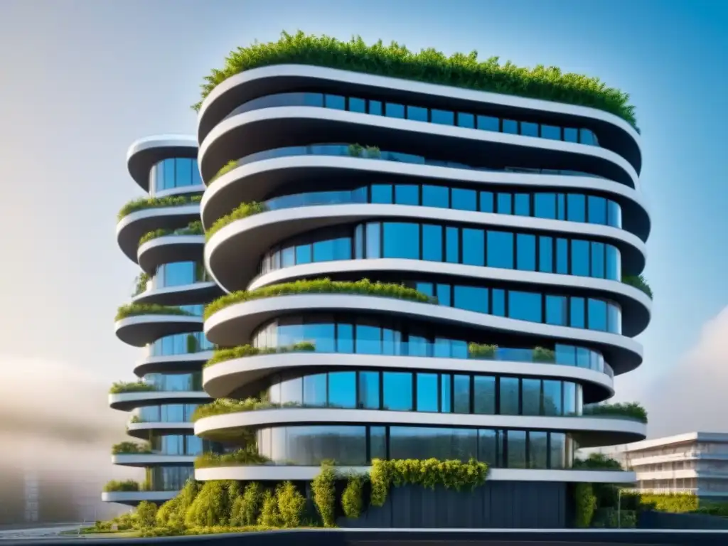 Edificio sustentable con diseño bioarquitectónico innovador Edificio residencial futurista de bioarquitectura sostenible en la ciudad, con vegetación integrada y paneles solares en el techo