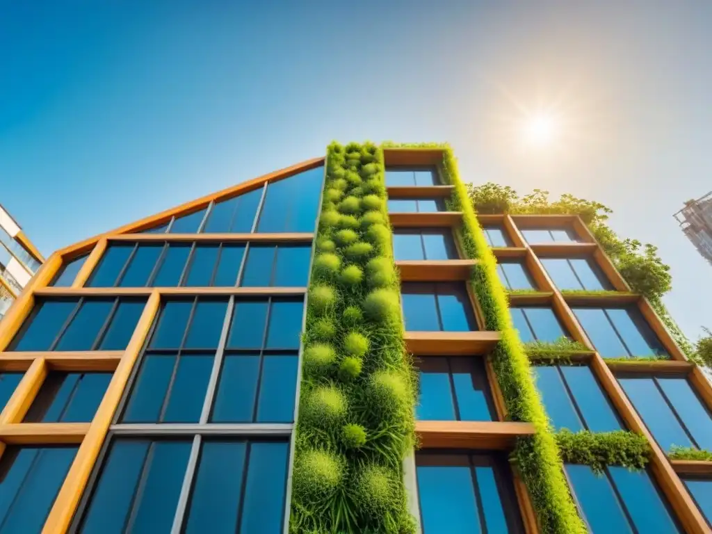 Edificio ecoinnovador con jardines verticales y paneles solares Un edificio residencial futurista y sostenible con jardines verticales, paneles solares y diseño innovador en la ciudad