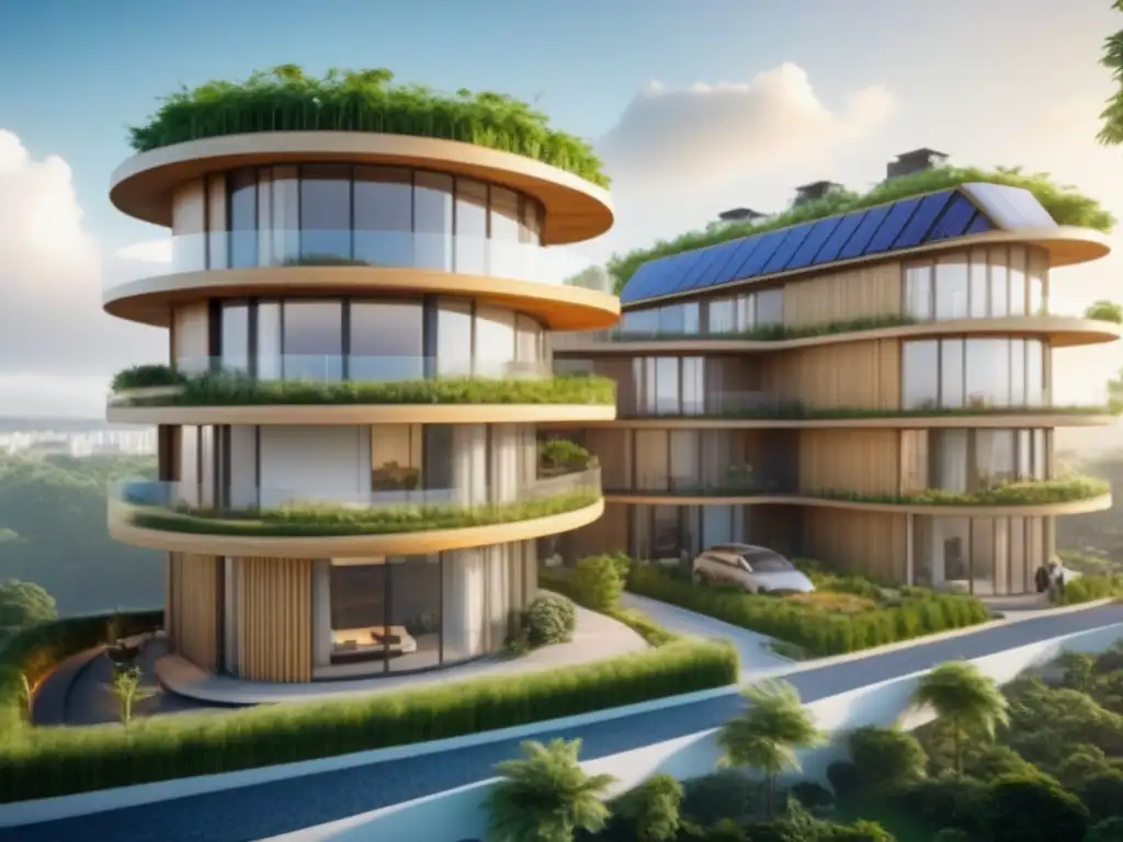 Edificio futurista eco-friendly con diseño moderno y jardín verde Un edificio residencial futurista de diseño sostenible con materiales como bambú y paneles solares