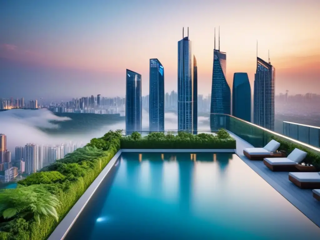 Edificio de lujo con vistas panorámicas al atardecer en ciudad vibrante Edificio residencial moderno con diseño futurista, rodeado de vegetación y ciudad vibrante al atardecer
