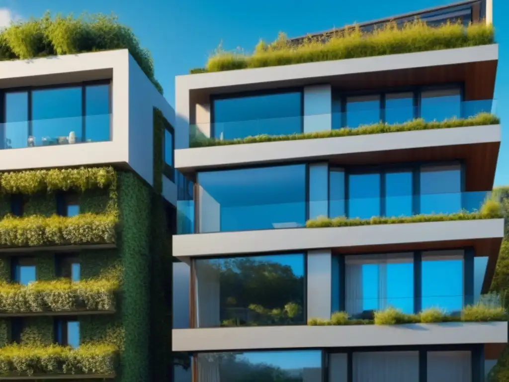 Edificio residencial sostenible con diseño moderno y verde Un edificio residencial moderno y elegante con diseño arquitectónico único, integrando paneles solares y jardines en la azotea