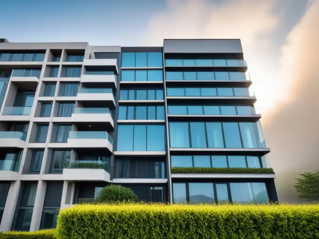 Edificio residencial moderno con seguridad pasiva innovadora Edificio residencial moderno con innovaciones en seguridad inmobiliaria pasiva integradas en su diseño, elegante y seguro