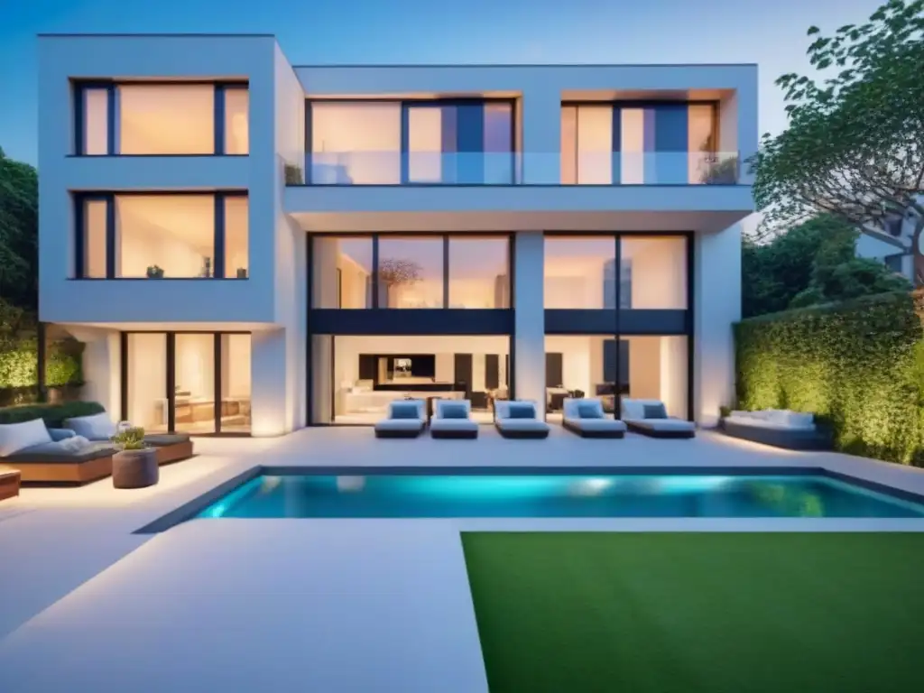 Edificio residencial de lujo con diseño sostenible y vistas panorámicas Un edificio residencial moderno de lujo con diseño sostenible y exclusivo, rodeado de vegetación, terraza en la azotea y vista a la ciudad