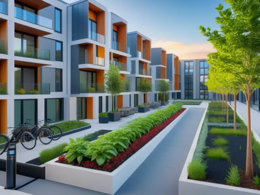 Edificio residencial eco-sostenible: arquitectura moderna y verde Un edificio residencial moderno con paneles solares, jardines verdes y un centro de reciclaje