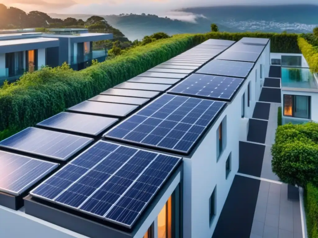 Residencia moderna con paneles solares y diseño ecofriendly Edificio residencial moderno con paneles solares, iluminación LED y vegetación, reflejando la eficiencia energética en propiedades inmobiliarias