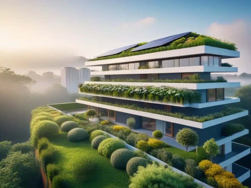 Edificio ecoamigable en entorno natural al atardecer Un edificio residencial moderno rodeado de naturaleza, con paneles solares y jardín vertical al atardecer