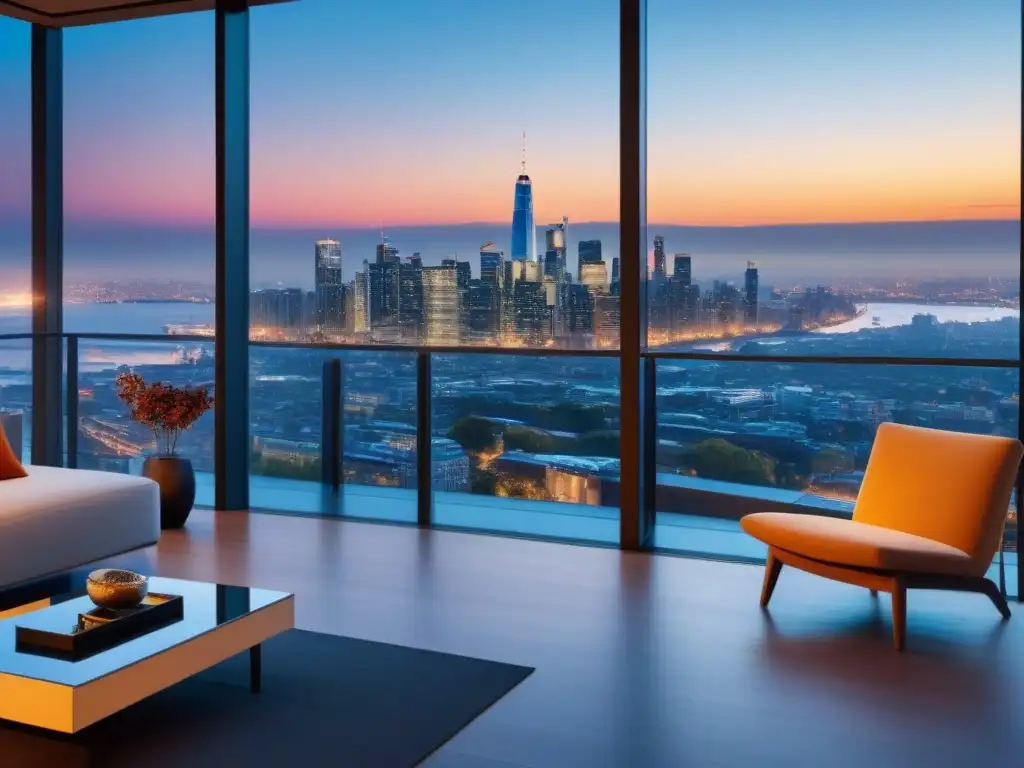 Edificio residencial de lujo en ciudad vibrante al atardecer Edificio residencial moderno con vista a la ciudad al anochecer
