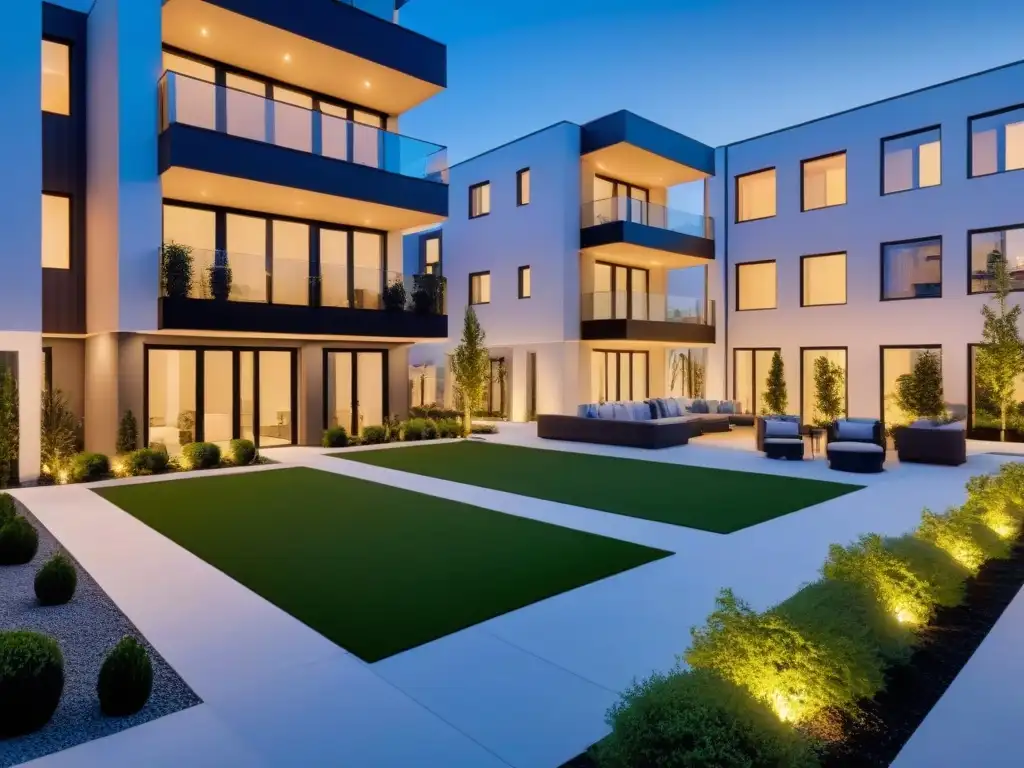 Residencial de lujo: innovación y confort en multifamilia Edificio residencial multifamiliar de lujo con iluminación cálida al anochecer, destacando la automatización para ingresos