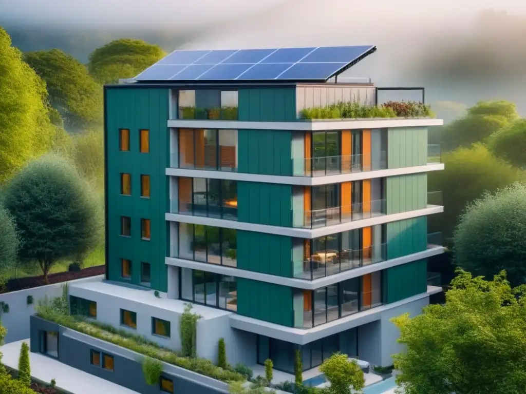 Edificio residencial sostenible rodeado de naturaleza y energía verde Edificio residencial sostenible rodeado de vegetación exuberante y paneles solares