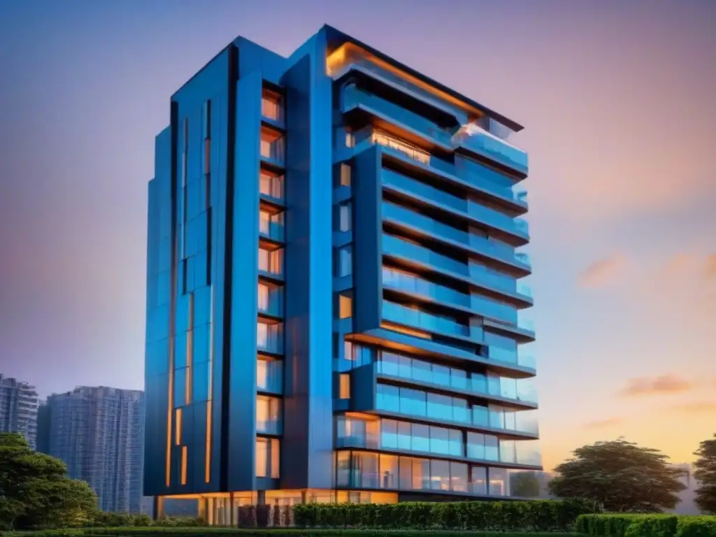 Edificio residencial de lujo con tecnología avanzada de seguridad Edificio residencial de vanguardia con sistemas de seguridad integrados, en una ciudad bulliciosa