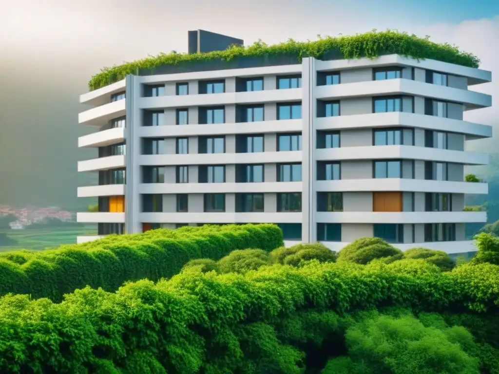 Edificio residencial vanguardista con medidas de seguridad innovadoras Edificio residencial vanguardista con innovaciones en seguridad inmobiliaria pasiva rodeado de exuberante vegetación y diseño sísmico