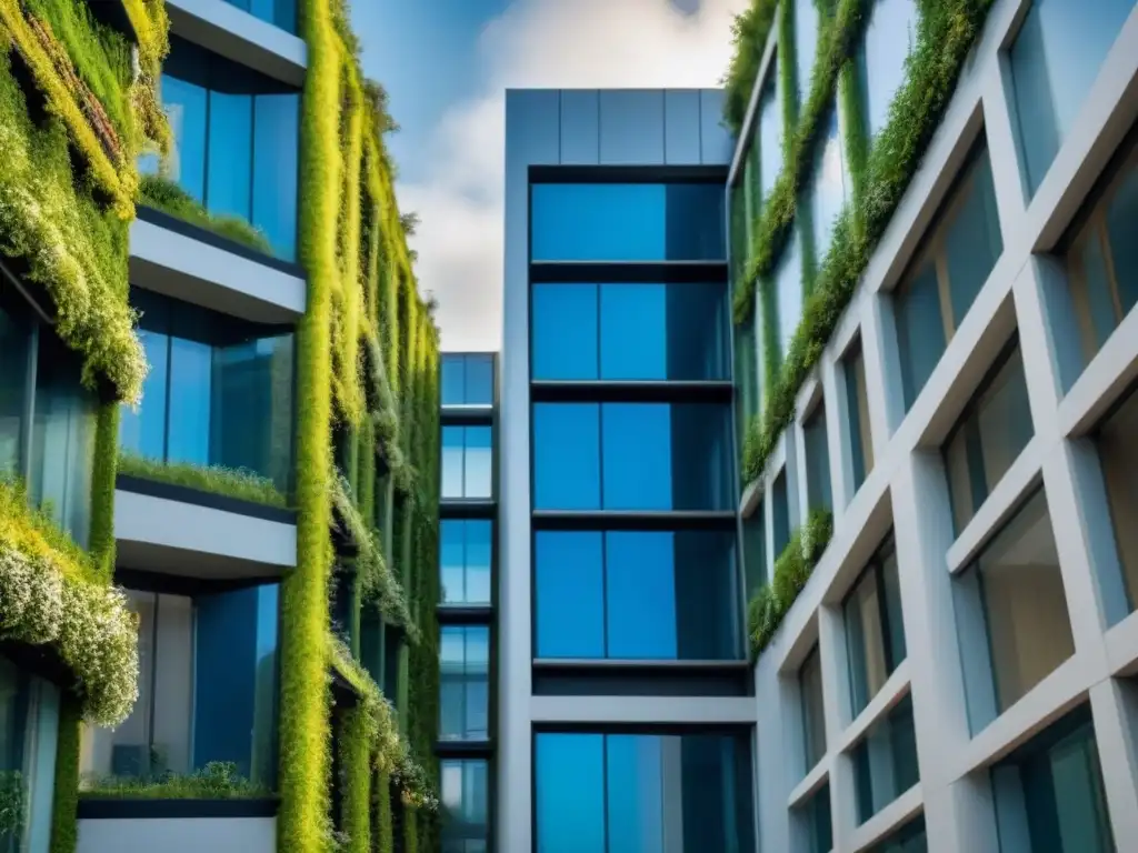 Edificio futurista ecoamigable con jardín vertical y paneles solares Edificio sostenible con arquitectura ecoamigable y jardín vertical, reflejando estrategias inmobiliarias sostenibles