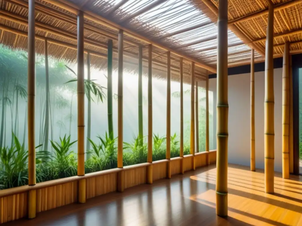 Arquitectura sostenible: edificio de bambú en 8k Edificio sostenible de bambú con diseño moderno y detallado, integrando ventajas del bambú en construcción