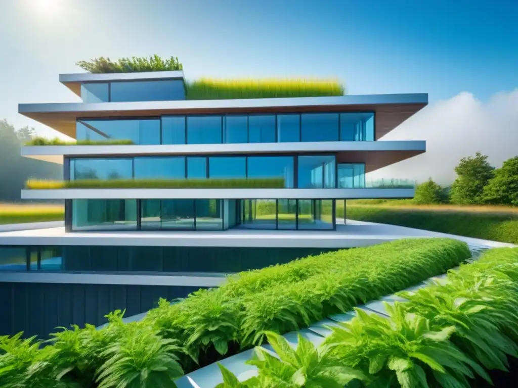 Edificio sustentable del futuro: LEED y BREEAM en armonía con la naturaleza Edificio sostenible con certificación LEED y BREEAM, rodeado de naturaleza