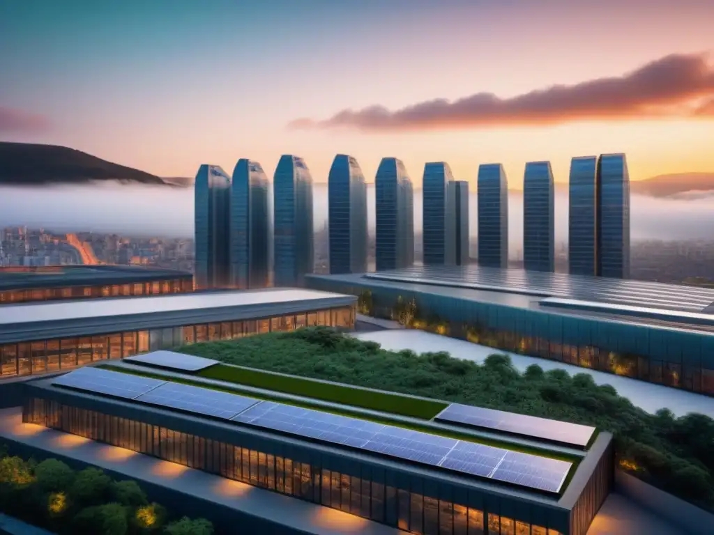 Edificio sostenible certificado LEED, BREEAM y WELL en ciudad vibrante Un edificio sostenible con certificaciones destacadas en su fachada, rodeado de un paisaje urbano dinámico