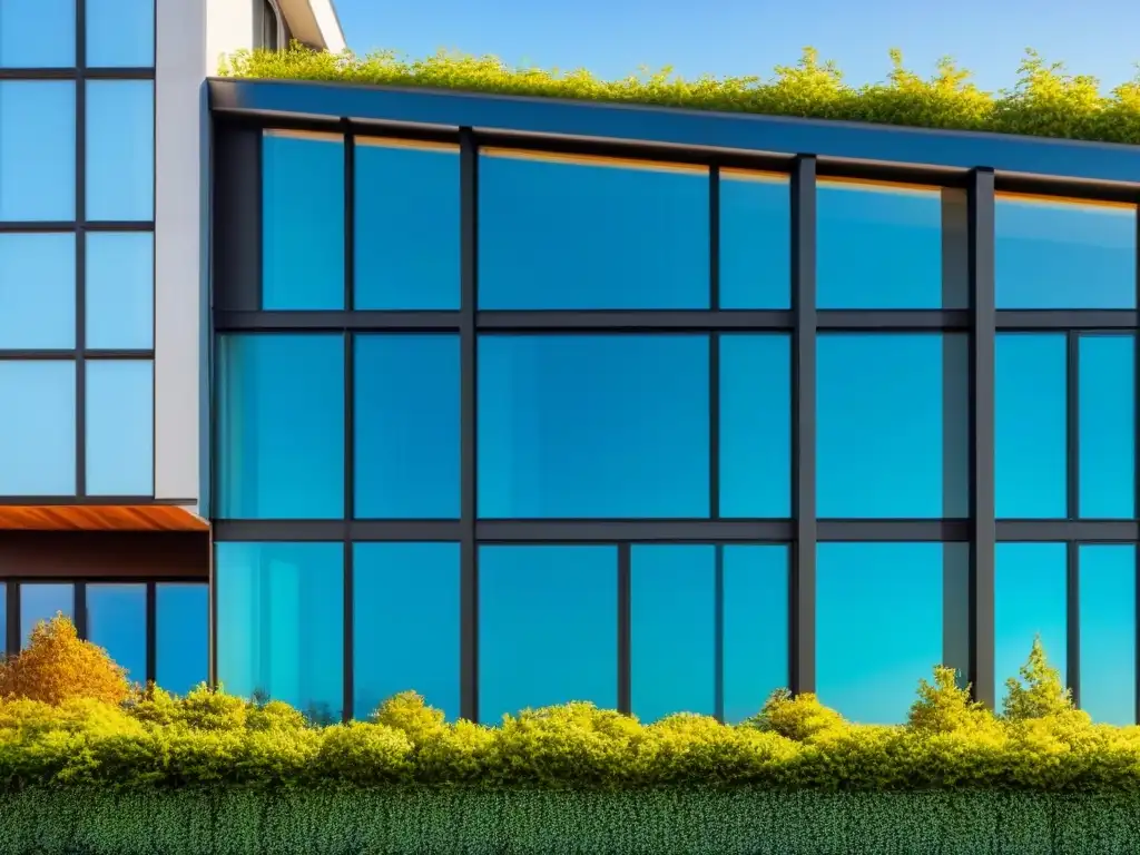 Edificio sostenible con paneles solares y vegetación Edificio sostenible con certificaciones LEED y BREEAM internacionales, rodeado de naturaleza y cielo azul