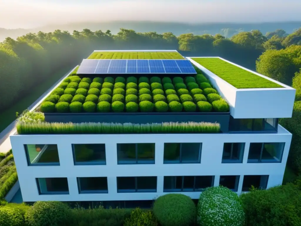 Edificio sostenible con certificaciones LEED y BREEAM, diseño ecoamigable Un edificio sostenible con certificaciones LEED y BREEAM, techos verdes y paneles solares
