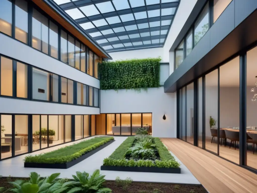 Edificio sostenible: diseño moderno y ecoamigable Edificio sostenible con Certificaciones LEED y BREEAM, diseño moderno, ventanales y paneles solares