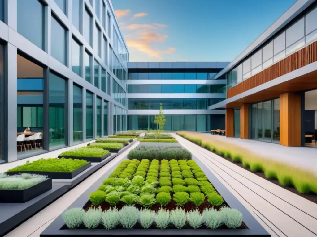 Edificio ecoamigable con certificaciones LEED y BREEAM Edificio sostenible con certificaciones LEED y BREEAM, destacando elementos ecoamigables
