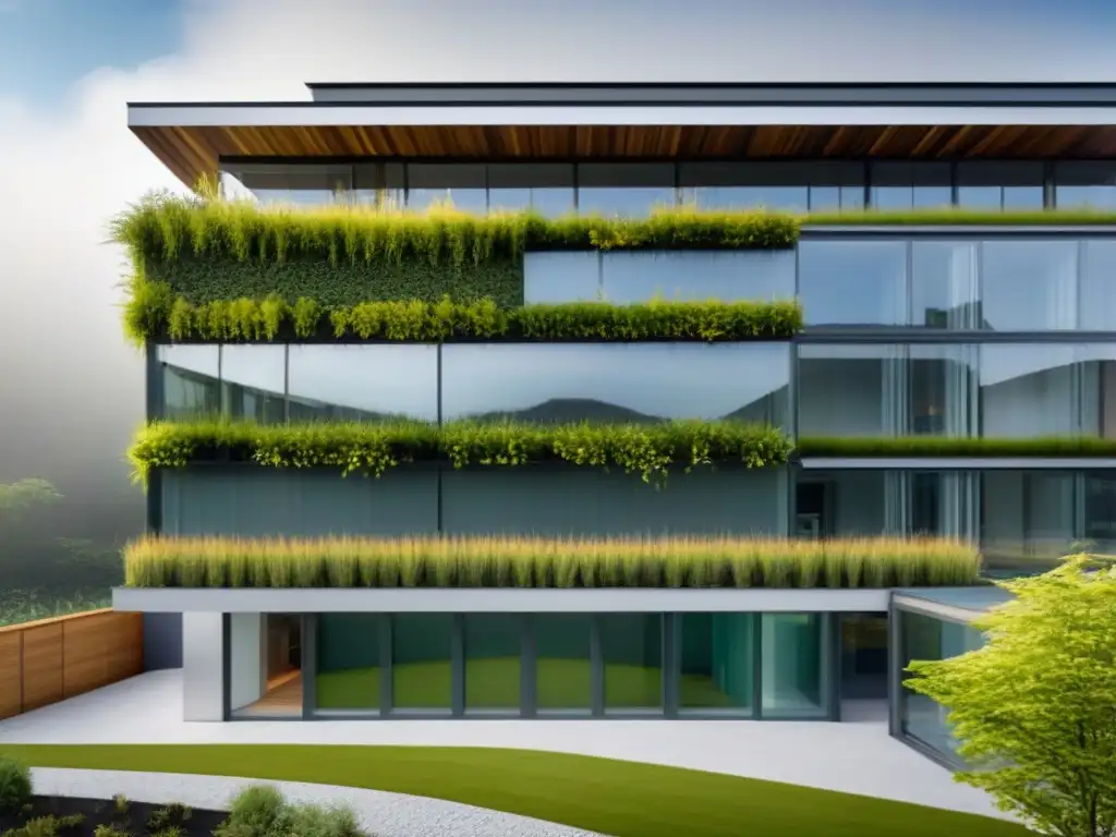 Edificio sostenible: LEED y BREEAM en armonía Edificio sostenible con Certificaciones LEED y BREEAM, arquitectura moderna, muros verdes, paneles solares y sistema de recolección de agua de lluvia