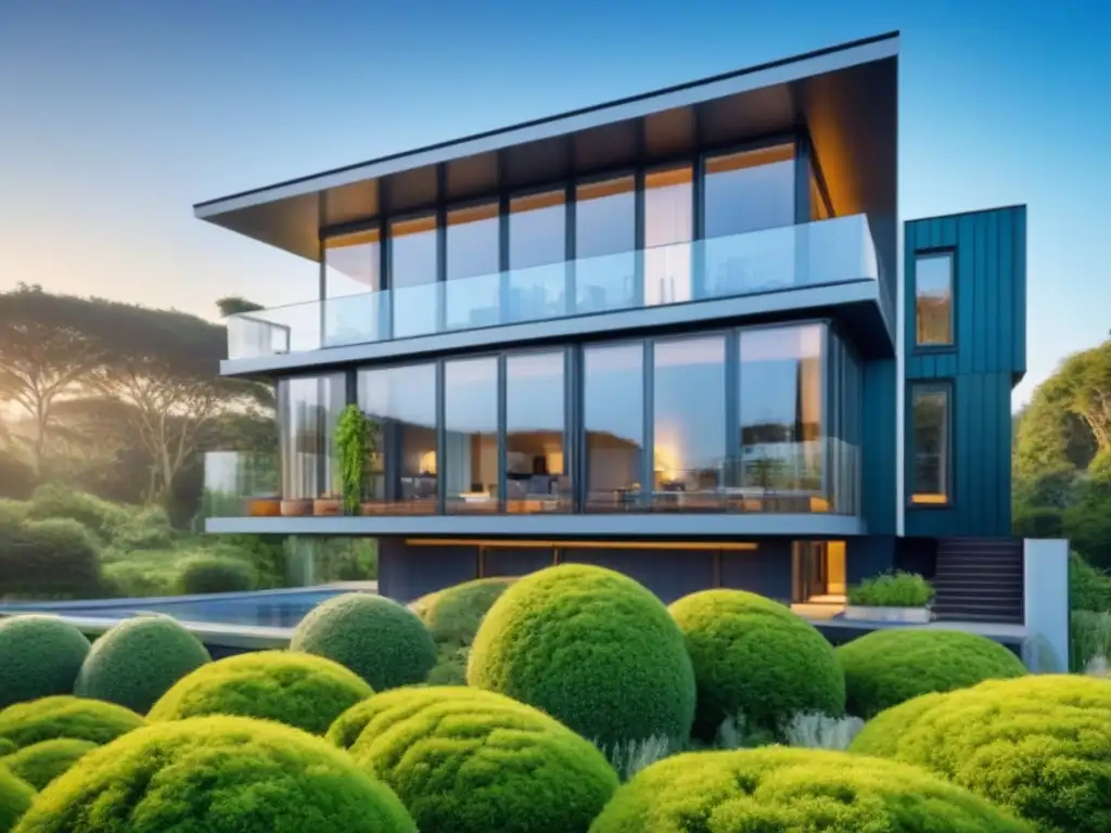 Edificio sostenible: diseño moderno y ecoamigable | 8k HD Edificio sostenible con certificaciones de sostenibilidad en el mercado inmobiliario, rodeado de vegetación y cielo azul claro