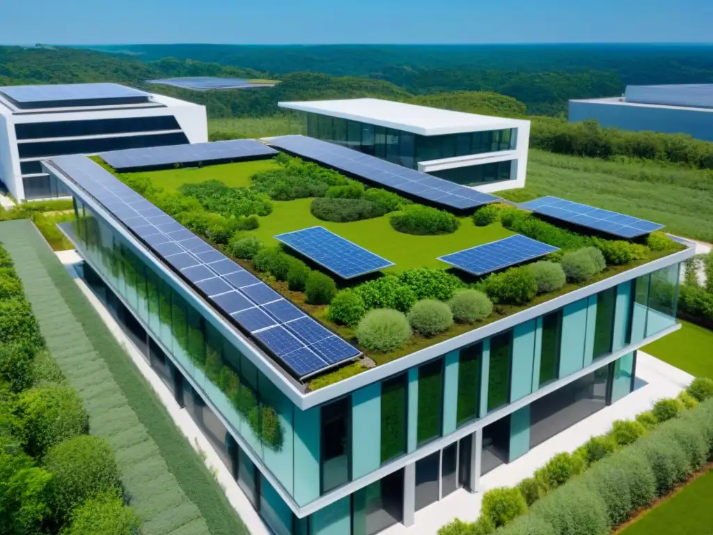 Edificio sostenible con certificaciones LEED y BREEAM: innovación ecológica Un edificio sostenible certificado LEED y BREEAM rodeado de vegetación, paneles solares y techos verdes