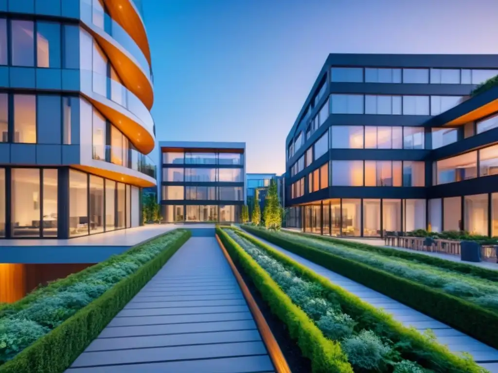 Edificio sostenible certificado LEED y BREEAM: diseño innovador y eficiencia energética Edificio sostenible certificado LEED y BREEAM, diseño innovador, eficiencia energética y vegetación exuberante