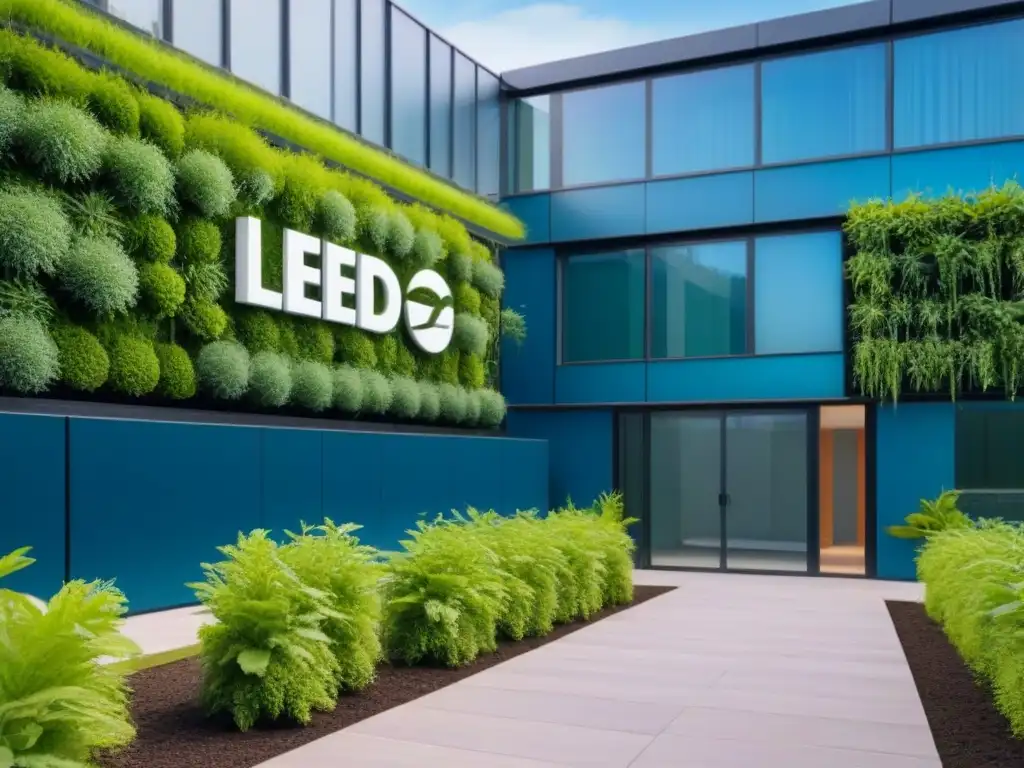 Complejo sostenible con certificaciones LEED y BREEAM Edificio sostenible certificado rodeado de vegetación exuberante y placas de certificación LEED y BREEAM en la entrada