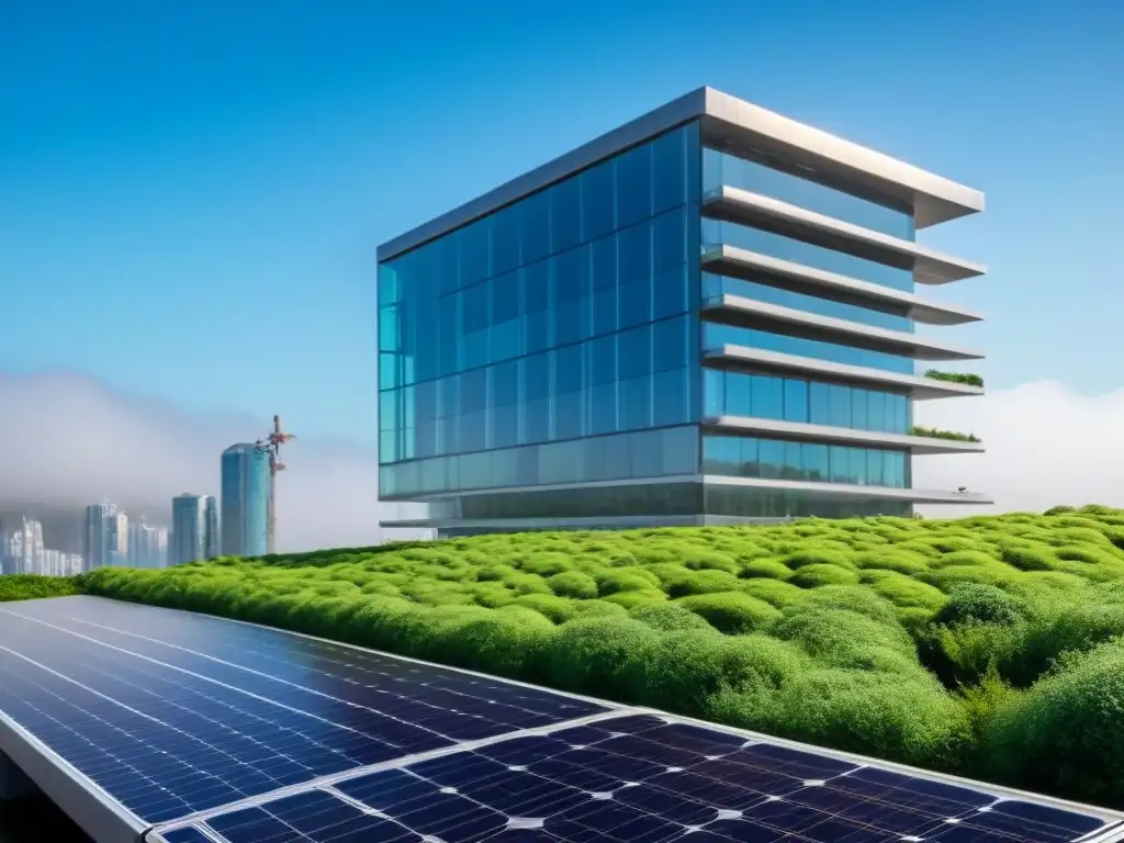 Edificio sostenible futurista con certificaciones LEED y BREEAM Edificio sostenible certificado LEED y BREEAM con tecnologías verdes avanzadas en entorno urbano