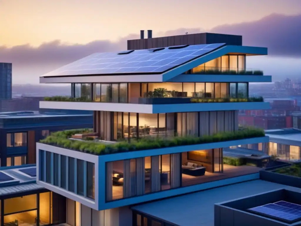 Edificio sostenible del futuro en la ciudad Edificio sostenible en ciudad, con diseño ecofriendly y tecnologías verdes, al amanecer