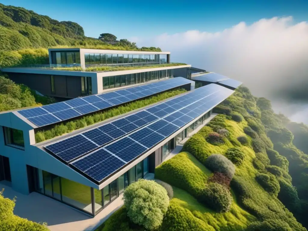 Edificio sostenible: elegancia moderna en armonía con la naturaleza Edificio sostenible con diseño moderno, paneles solares y vegetación alrededor