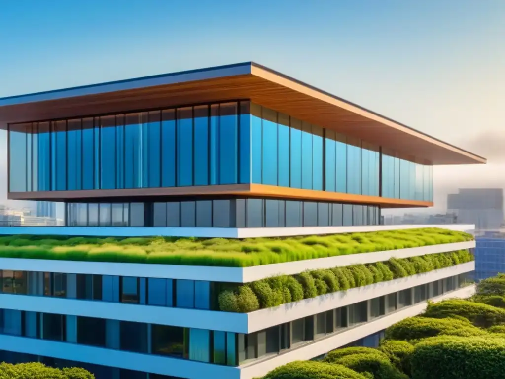 Edificio sostenible de diseño moderno en 8k Un edificio sostenible de diseño moderno con techos verdes y paneles solares, destacando su arquitectura ecoamigable