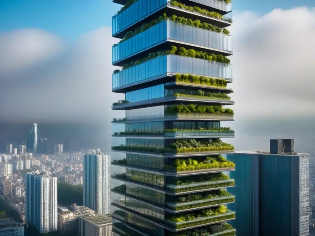Rascacielos sostenible: innovación eco en la ciudad Edificio sostenible con eficiencia energética en ambiente urbano vibrante