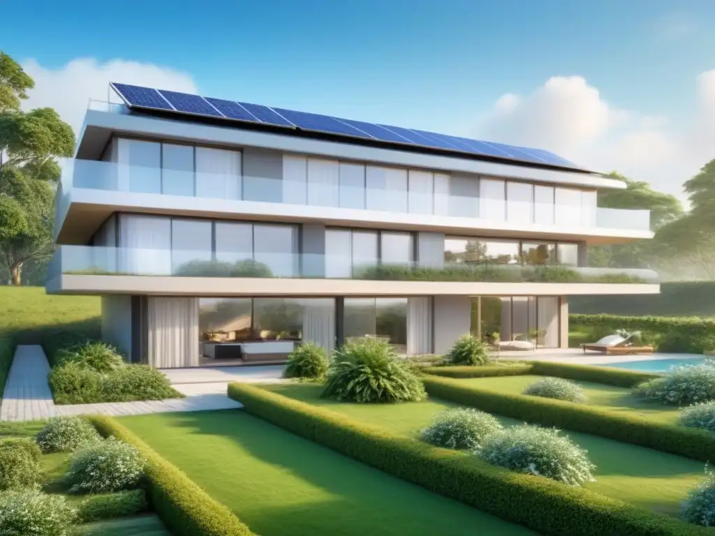 Edificio sostenible: diseño moderno con luz natural y eficiencia energética Edificio sostenible con orientación eficiente para eficiencia energética rodeado de vegetación y paneles solares bajo cielo azul