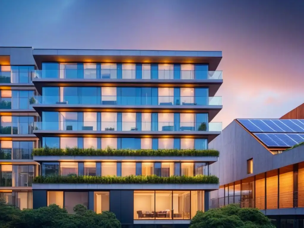Edificio sostenible con ventilación natural innovadora Un edificio sostenible con ventilación natural: diseño innovador, vegetación estratégica y paneles solares