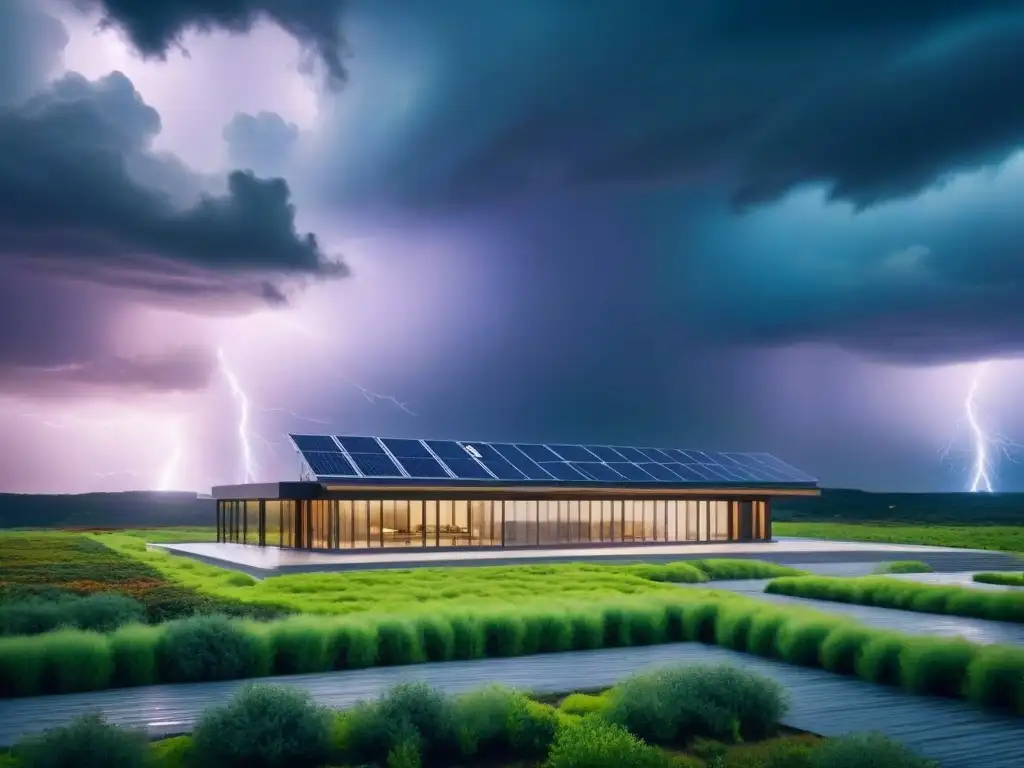 Edificio sostenible ante tormenta con paneles solares y techos verdes Edificio sostenible frente a desastres naturales con techos verdes y paneles solares, bajo un cielo tormentoso con rayos