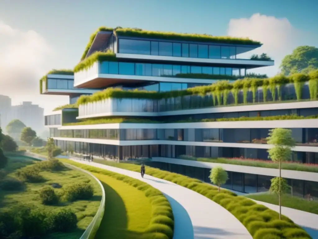 Edificio ecoamigable futurista con diseño sostenible Edificio sostenible futurista con arquitectura ecoamigable, techo verde, paneles solares y diseño moderno