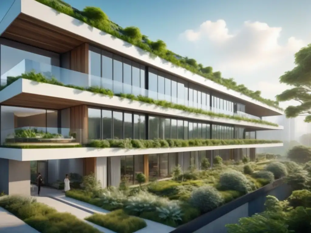 Edificio sostenible del futuro: diseño verde innovador en 8K Un edificio sostenible futurista con elementos verdes innovadores, rodeado de naturaleza