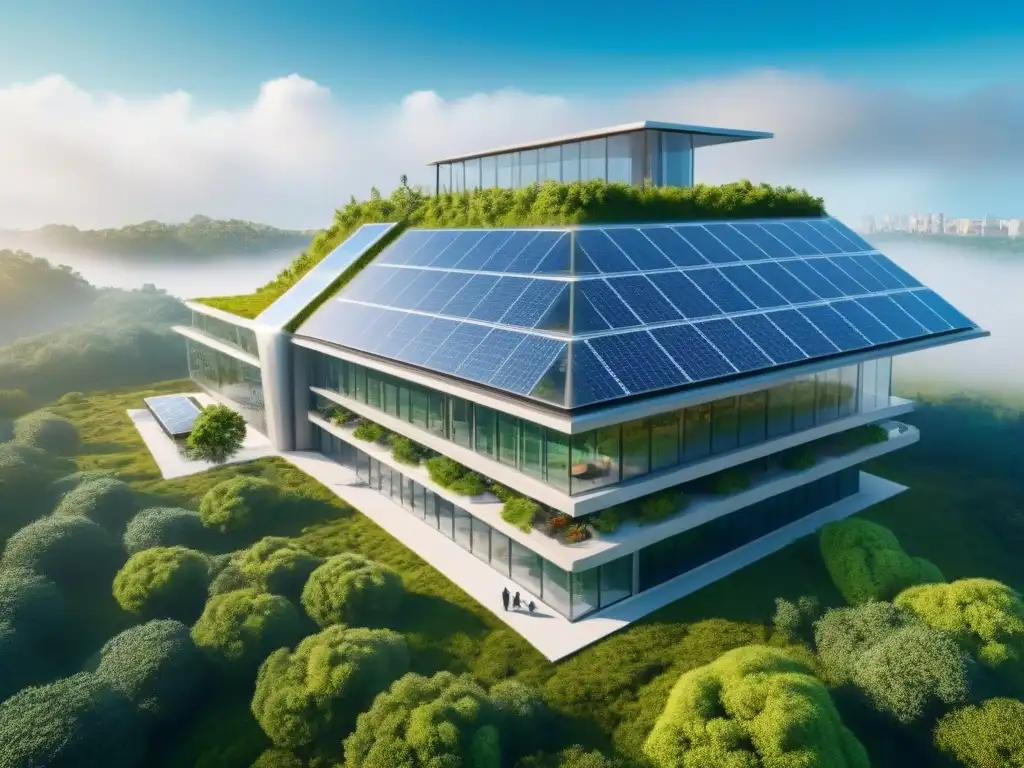 Futurismo sostenible: edificio verde en armonía con la naturaleza Edificio sostenible futurista con espacios verdes, paneles solares y turbinas eólicas, rodeado de vegetación y cielos azules