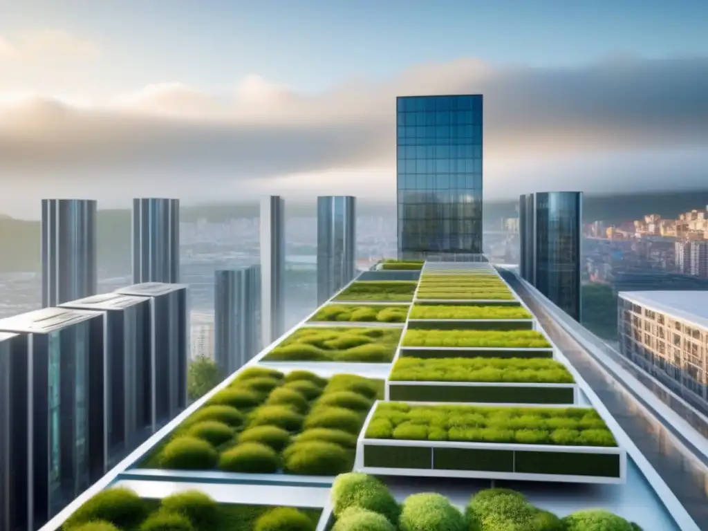Edificio sostenible del futuro: diseño innovador en ciudad eco Un edificio sostenible futurista se destaca en el horizonte urbano, con Certificaciones LEED y BREEAM