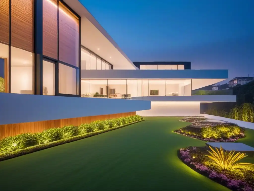 Edificio sostenible iluminado por LED: sofisticación eco-amigable Un edificio sostenible futurista iluminado por LED, con diseño moderno y ambiente acogedor