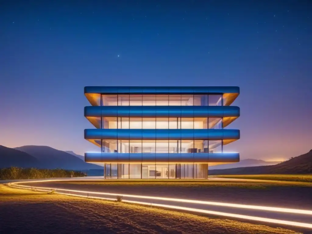 Edificio sostenible futurista iluminado por LED en la noche estrellada Un edificio sostenible futurista iluminado con sistemas LED, destacando en la noche estrellada